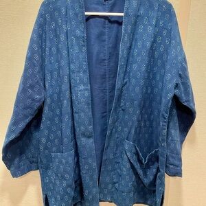 Eileen Fisher Indigo Blue Open-Front kimono Jacket block print